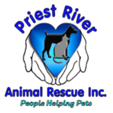Priest River Animal Rescue Inc., (Priest River, Idaho), logo two hands holding blue heart containing black dog and grey cat with blue and green text 