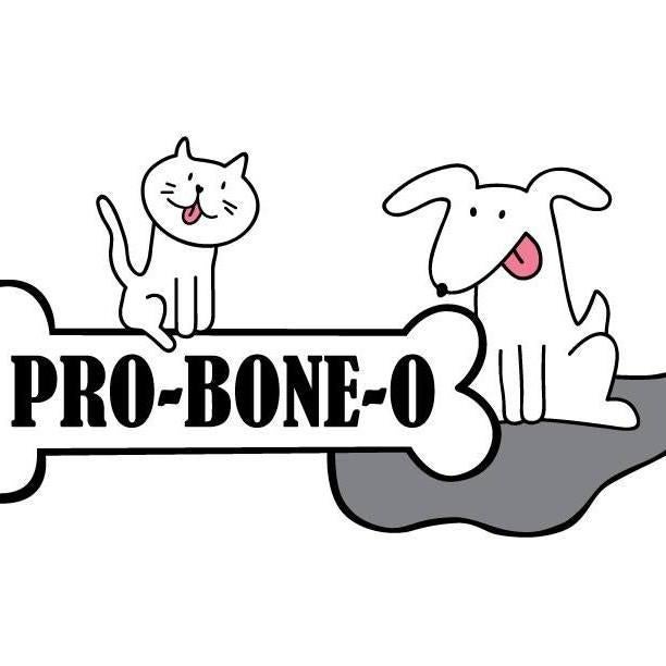 Pro-Bone-O, (Eugene, Oregon), logo drawing of dog looking at and cat sitting on bone with black text