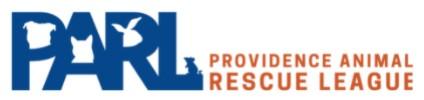 Providence Animal Rescue League (PARL), (Providence, Rhode Island), logo blue capital letters with white dog, cat and bird inside lettering next to orange text