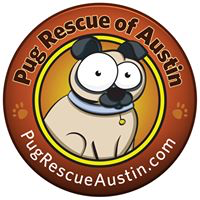 Pug Rescue of Austin (Austin, Texas) logo is a brown circle with the org name and website and a cartoon pug in the middle