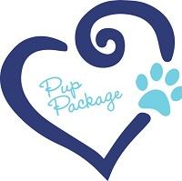 Pup Package (San Diego, California) logo is a dark blue heart outline with a light blue pawprint on it and the org name inside