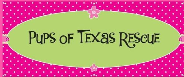 Pups of Texas Rescue, (Kingwood, Texas), logo is a pink background with polka dots and the org name on a green ellipsis