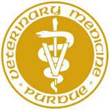 Purdue University College of Veterinary Medicine (West Lafayette, Indiana) logo is the veterinary caduceus with the college name