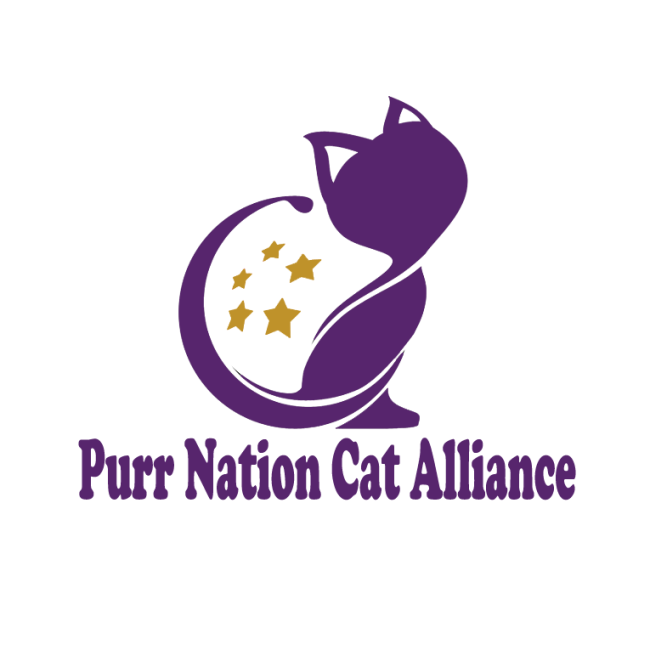 Purr Nation Cat Alliance, (Roswell, Georgia), logo purple cat with five gold stars and purple text