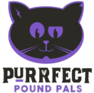 Purrfect Pound Pals (Bismarck, North Dakota) logo is black cat face with purple eyes above organization name in black and purple