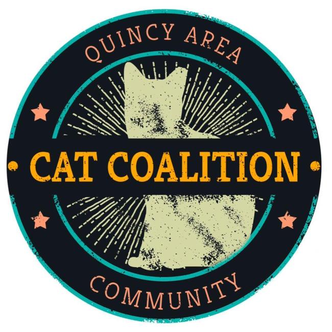 Quincy Area Community Cat Coalition (Quincy, Illinois) logo two teal painted circles one inside the other with black background light khaki colored silhouette of a cat inside inner circle with same color lines behind like a sunburst thick black line layerd across the front with large neon orange lettering