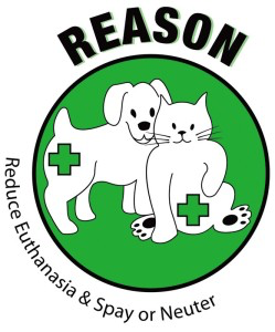 REASON (Rutherford College, North Carolina) logo is a dog and cat with cross bandages in a circle with “REASON” above it