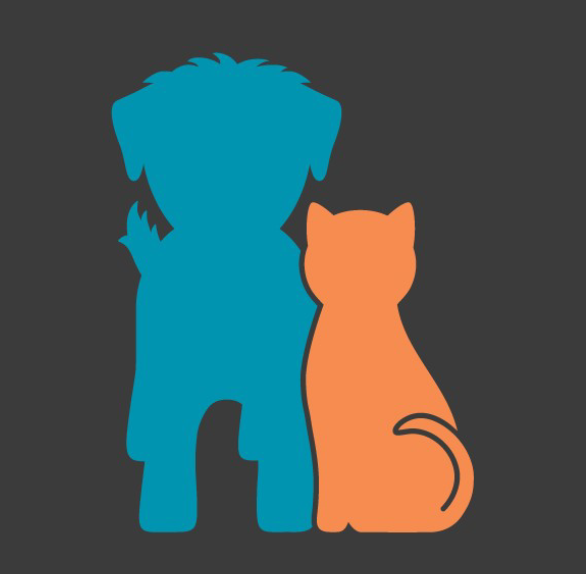 RSQ Dogs, (St. George, Utah), logo turquoise dog silhouette and orange cat silhouette on black background