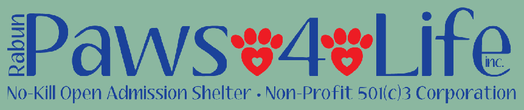 Rabun Paws 4 Life (Tiger, Georgia) logo is the organization name with heart-shaped pawprints around the “4”