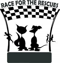 Race for the Rescues Inc., (Grayson, Georgia), logo is a dog and cat under a checkerboard banner watching running people