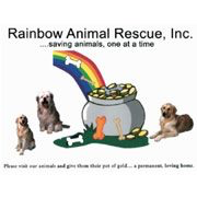 Rainbow Animal Rescue, Inc. (Norfolk, Virginia) logo is three dogs around a pot of gold with a rainbow and bones