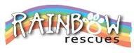 Rainbow Rescues (Granville, Massachusetts) logo is a rainbow with the org name on it and a pawprint for the “o”