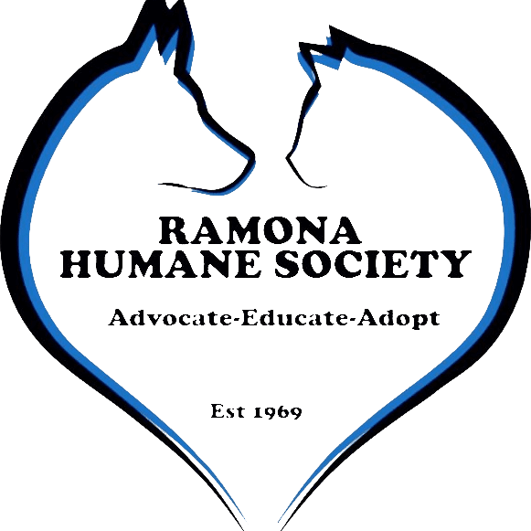 Ramona Humane Society, (San Jacinto, California), logo blue outline of dog and cat forming heart shape around black text