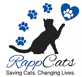 RappCats, (Washington, Virginia) logo black cat silhouette with blue paw prints and black and blue text