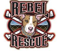 Rebel Rescue Inc, (Victoria, Texas), logo bully breed dog in front of two cross bones with black and red text