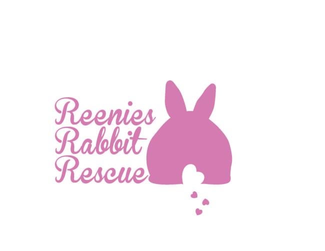 Reenies Rabbit Rescue (Salibury Mills, New York) logo white background pink mauve cursive lettering pink mauve silhouette of back of rabbit white heart for the tail and little pink mauve hearts dropping from white heart tail