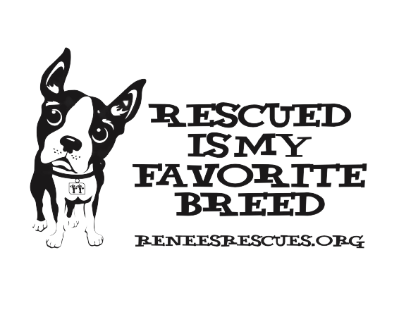 Renee’s Rescues, Incorporated (Hockessin, Delaware) logo drawn black and white image of small dog large black text to the right