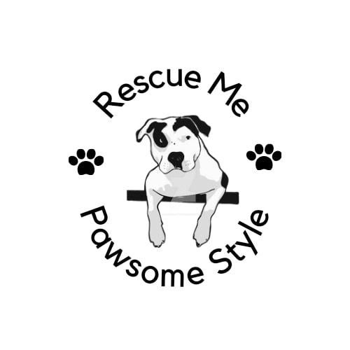 Rescue Me Pawsome Style, Inc. (Medina, Ohio) logo white backdrop black lettering above and below drawn white dog with black facial markings in the middle black paw print on each side
