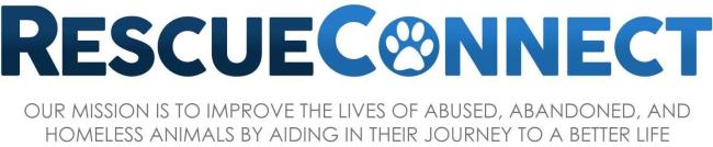 RescueConnect Animal Rescue (Wilmington, North Carolina) logo jumbo lettering of dark blue followed by cornflower blue white paw print inside letter o with grey lettering below