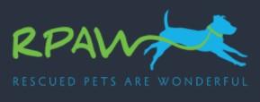Rescued Pets Are Wonderful, (Blaine, Michigan), logo outline of blue dog running in front of green text