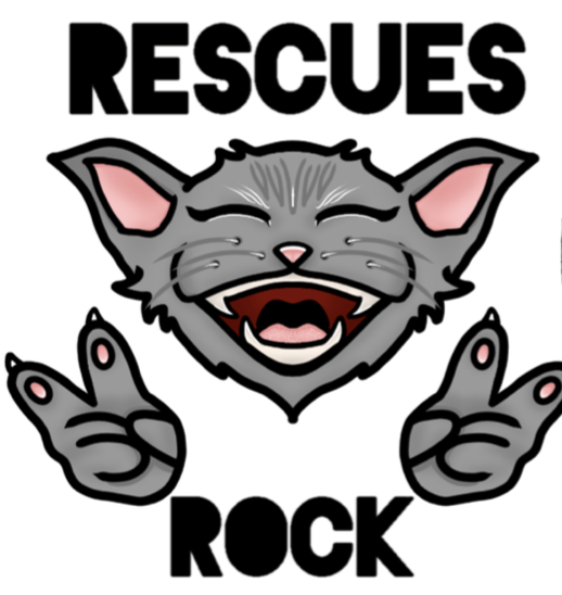 Rescue's Rock Inc., (Los Angeles, California), logo grey smiling face of cartoon cat black text