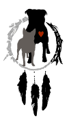 RezQ Dogs (Dodson, Montana) logo is two dogs with a red heart on one of them inside a dreamcatcher