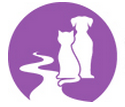 Rifle Animal Shelter (Rifle, Colorado) logo is a circle with a purple background and a white dog and cat sitting next to a river