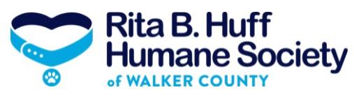 Rita B. Huff Humane Society of Walker County, (Huntsville, Texas), logo light and dark blue collar with tag and light and dark blue text