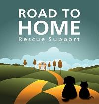 Road to Home Rescue Support (Wantagh, New York) logo is a dog and cat sitting on a road that leads to a house and trees