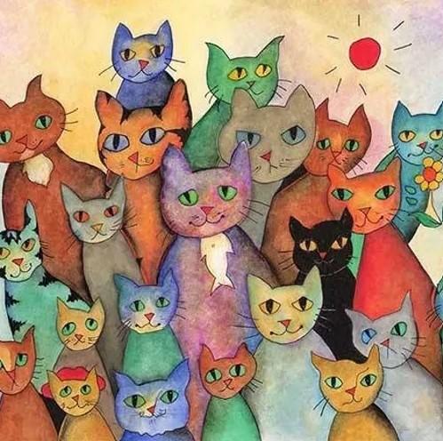 Rockin' Community Cats, (Loudon, Tennessee), colorful painting of a clowder of cats
