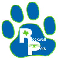 Rockwall Pets (Rockwall, Texas) | logo of blue paw print, Rockwall Pets text, cat face, green Texas state 