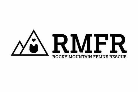 Rocky Mountain Feline Rescue, (Denver, Colorado) logo black outline of mountains on white with black text and cat face silhouette 