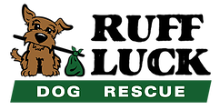 Ruff Luck Dog Rescue (Franklin, Wisconsin) logo is brown dog with stick with sack on the end to left of ruff luck in black