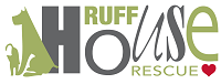Ruff House Rescue (Oceanside, New York) | logo of green dog and cat, red paw print, Ruff House Rescue