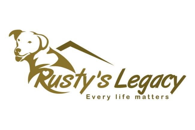 Rusty's Legacy (Marion, North Carolina) logo white backgroud green khaki lettering with drawn green khaki dog above lettering on left