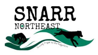 SNARR Northeast Animal Rescue, (White Plains, New York) logo black dogs on green and white ribbon with black text