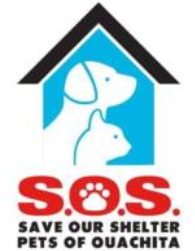 SOS Pets of Ouachita (West Monroe, Louisiana) logo is silhouette of dog and cat on blue doghouse background above org name