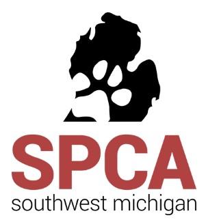 SPCA of Southwest Michigan, (Kalamazoo, Michigan), logo white pawprint on top of black map of Michigan above brown text