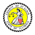 Saint Clair County Animal Services, (Belleville, Illinois), logo round lady justice holding scales with red shield on yellow background black text
