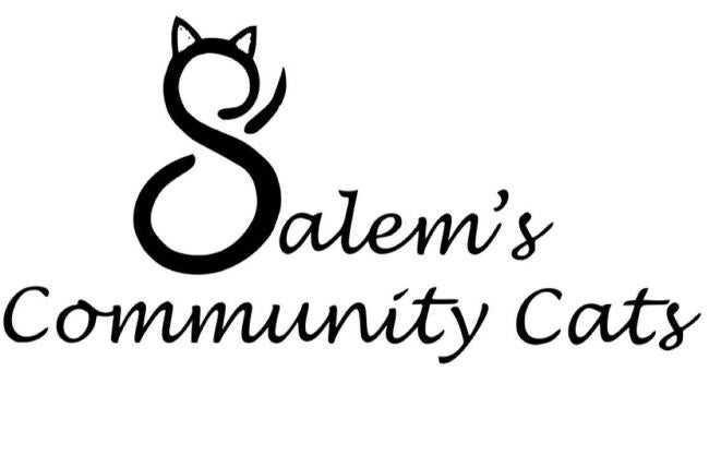 Salem's Community Cats (Queensbury, New York) logo large black letter s with cat ears and a tail followed by smaller black cursive lettering