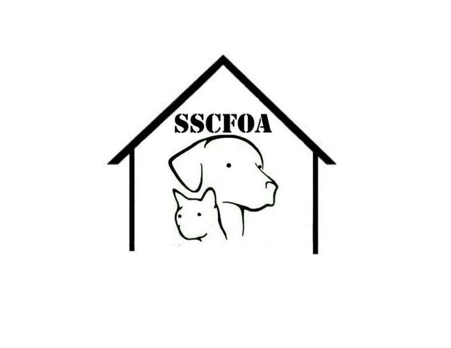 San Saba County Friends of Animals (San Saba, Texas) logo black and white dog house outline drawn dog and cat