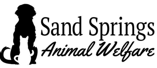 Sand Springs Animal Welfare, (Sand Springs, Oklahoma), logo white cat in front of black dog and black text