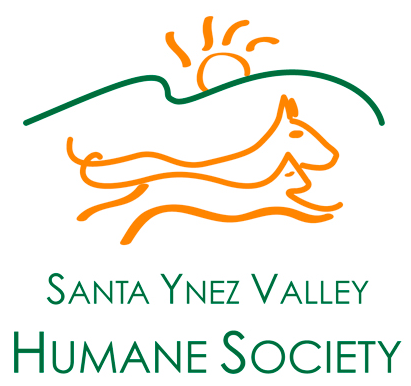 Santa Ynez Valley Humane Society (Buellton, California) | logo of green hill, yellow sun, yellow cat and dog running, DAWG 