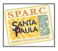 Santa Paula Animal Rescue Center (Santa Paula, California) | logo of rectangle card, sun, sunrays, cat, dog, S.P.A.R.C. 
