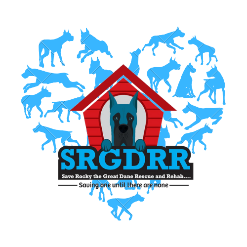 SRGDRR AKA Save Rocky the Great Dane Rescue and Rehab (Bullard, Texas) logo white background bright blue great dane silhouettes to form a heart red drawn dog house in foreground with drawn dark aqua and black great dane head with paws handing over bright blue letters