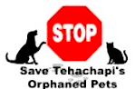 Save Tehachapi’s Orphaned Pets (Tehachapi, California) logo is a stop sign with a black dog and black cat on each side of it
