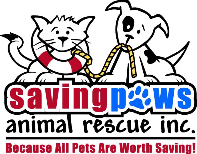 Saving Paws Animal Rescue (Appleton, Wisconsin) logo white background drawn black line cat and dog cat has a red with white life preserver on and the dog is holding the golden rope lettering of red, bright blue and black