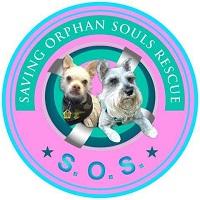 Saving Orphan Souls Rescue (Glendale, Arizona) logo is a picture of two small dogs in a circle with the org name and “SOS”
