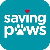 Saving Paws (Meriden, Connecticut) logo is the org name with a heart dotting the “i” and a pawprint “a” in “paws”