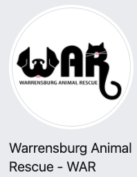 Warrensburg Animal Rescue (Warrensburg, Missouri) logo WAR in white circle with black and white text